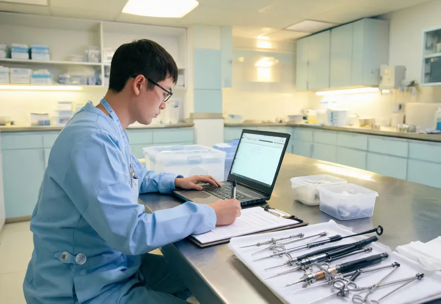Biomedical technician documenting surgical equipment service