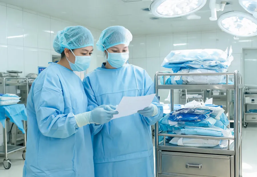 Perioperative team reviewing a case cart checklist