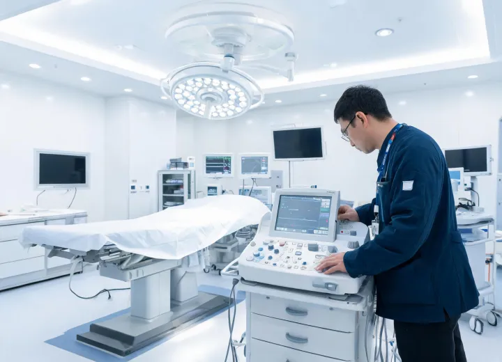 Biomedical engineer verifying a surgical system